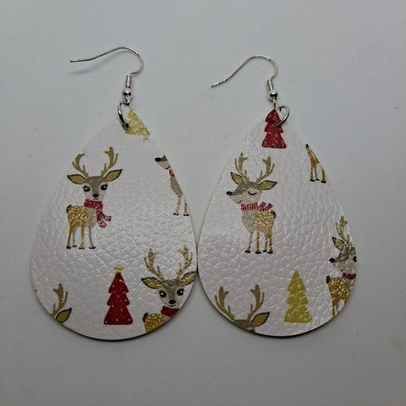 Unbranded Jewelry - Reindeer Christmas Earrings Teardrop Hook Faux Leather White Tan Red OPTION 1